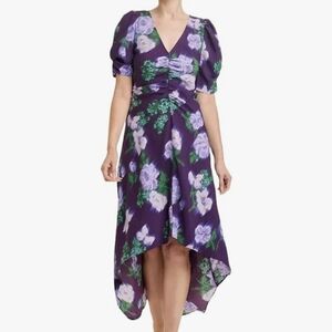 A NEW DAY Size Medium Purple Floral Recycled Polyester Hi-Low Ruched V-neck Maxi